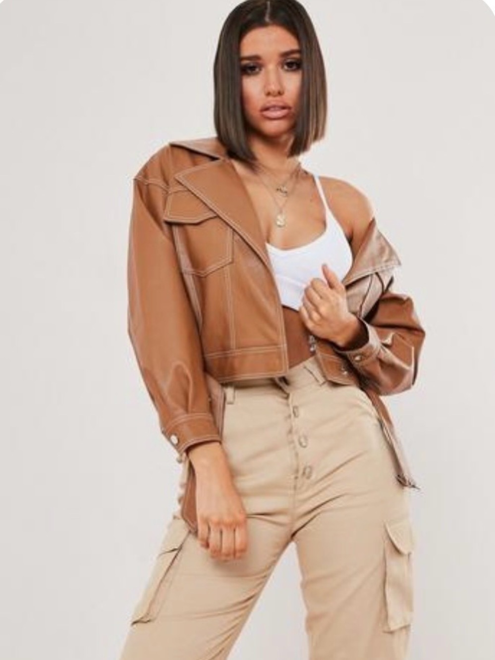 Missguided Camel Faux Leather Moto Jacket Contrast Stitch US 4